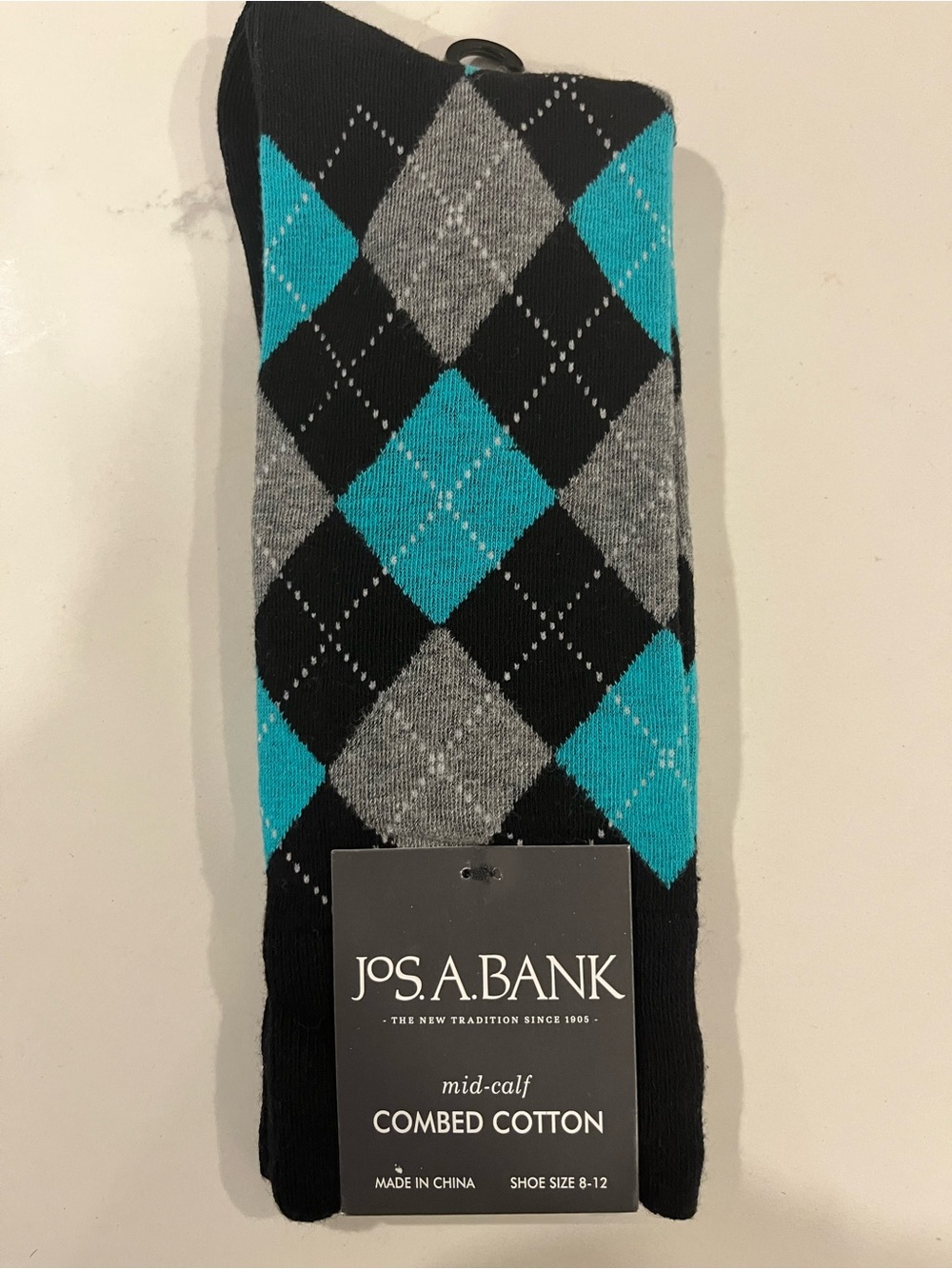 Jos. A. Bank Men’s Argyle Combed Cotton Mid-Calf Socks - Black/Gray/Teal 8-12